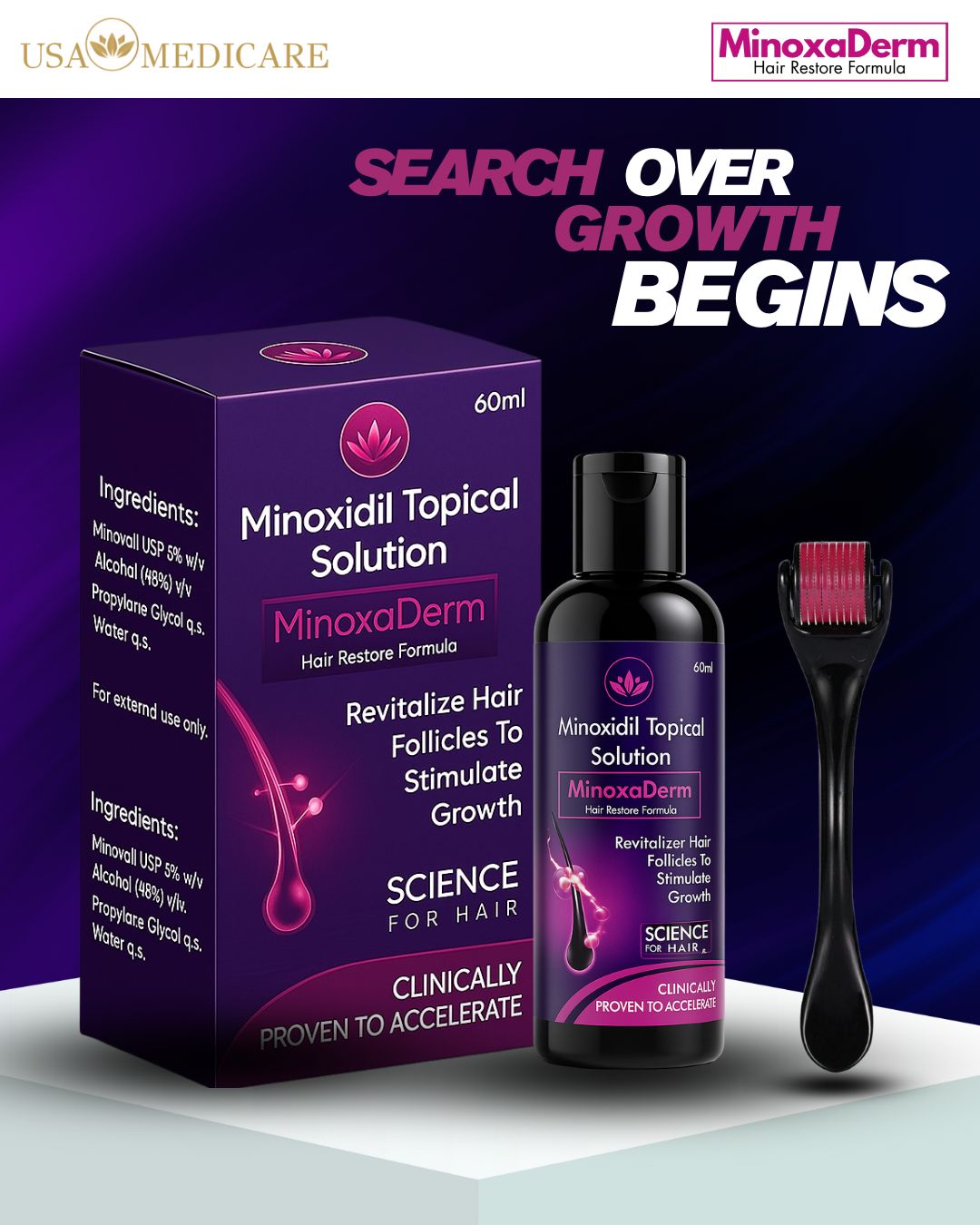 Complete Hair & Beard Growth Kit – Minoxaderm Minoxidil 5% + Rosemary Beard Oil + Derma Roller