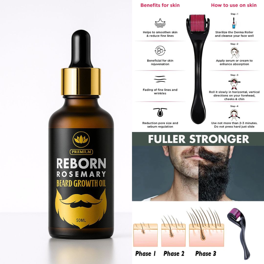 Complete Hair & Beard Growth Kit – Minoxaderm Minoxidil 5% + Rosemary Beard Oil + Derma Roller