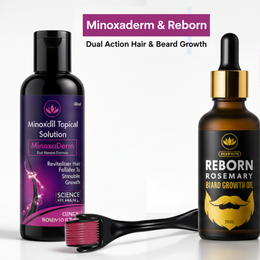 Complete Hair & Beard Growth Kit – Minoxaderm Minoxidil 5% + Rosemary Beard Oil + Derma Roller